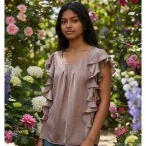 ✨Violet & Claire Ruffle Sleeve Flowy Blouse Top M Pink Satin Sheen Trendy Work #